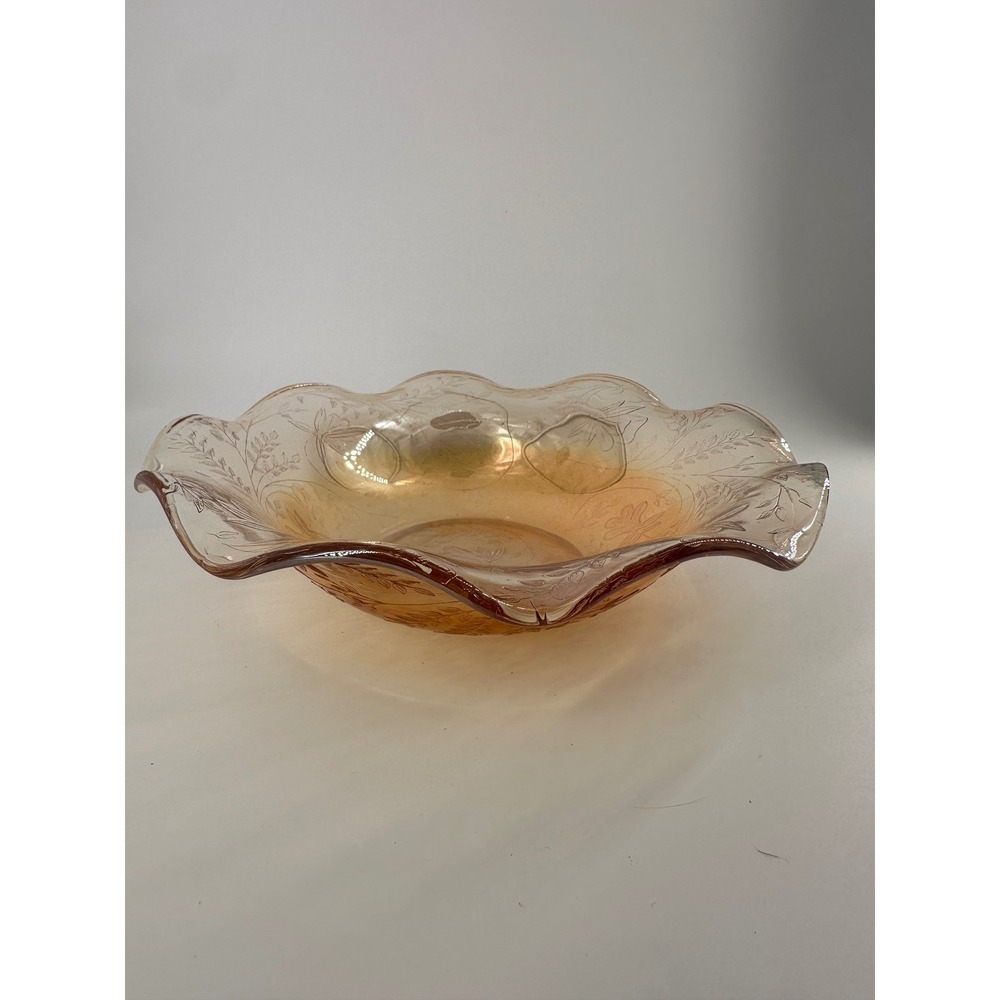 Vintage Marigold Carnival  Ruffled Floral Etched Bowl Iridescent Amber 10.5in